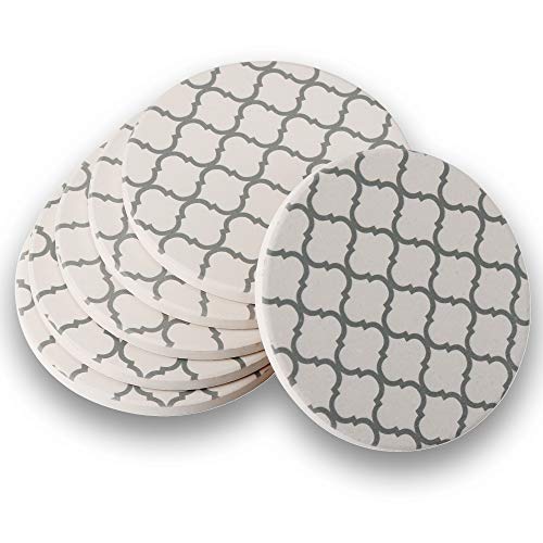 DOOMIC Set of 6 Absorbent Stone Coasters with Cork BackCeramic Drink coasters SetGrey Lines