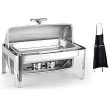 8qt Roll Top Chafing Dish - Durable Full-Size Chafer Stainless Steel - With Food/Water Pan and Fuel Holders, Mirror Finished Buffet Food warmer Set For catered events + Apron