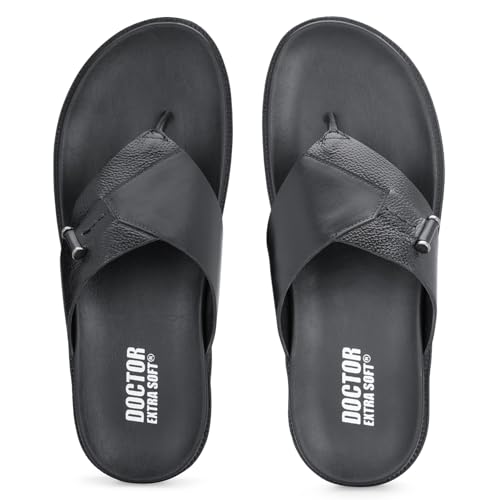 Image of DOCTOR EXTRA SOFT Men's Classic Casual Original Leather Thong Black /Brown Sandals /Chappals with Memory Foam Cushion| Stylish & Non-Slip|Comfortable & Lightweight |Flip flops Slippers Gents & Boys F-2