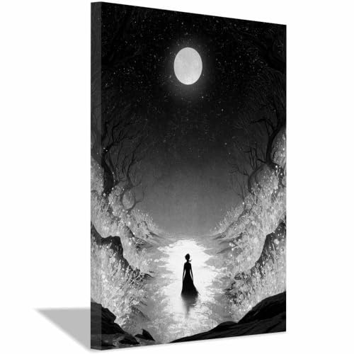 Peinture sur toile noir et blanc XENIOU 60x90cm encadrée de la femme des forêts