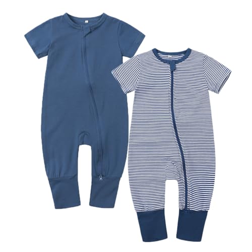 Image of Feidoog Toddler 2 Pack Baby Zipper Rompers Cotton Short Sleeve One Piece Jumpsuit Outfits