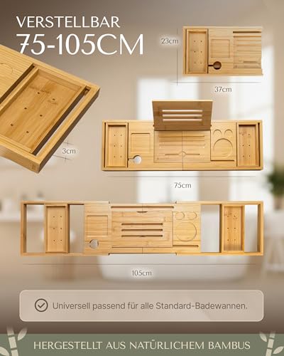 Jageris Badewannenablage aus Bambus mit 17er Relax Set - Ausziehbar 75-105cm - inkl. Playlist, Spa-Set, Tablet, Handy - Getränkehalter, 10 Teelichter - Wasserabweisend & rutschfest - Badewannenbrett