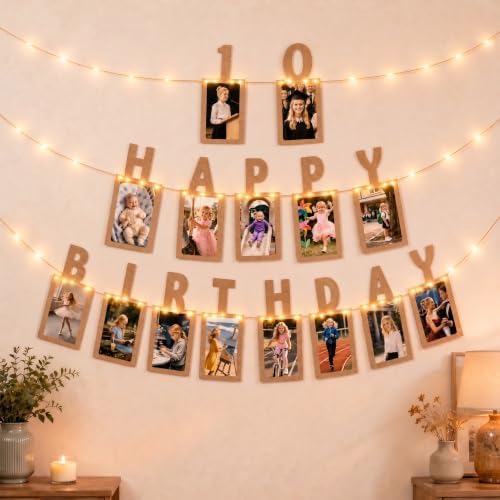 Seutgjie Fotogirlande zum 10. Geburtstag Mädchen Junge Deko mit Licht | 10. Geburtstag Banner mit LED-Lichterkette und 24 Glitzerkarten für Fotos von 1 bis 10 Jahre