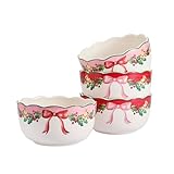 Bico Ribbon Christmas Cereal Bowls Set of 4, 26 oz Deep Ceramic Soup Bowls for Cereal, Salad, Noodles, Kitchen, Microwave and Dishwasher Safe, Gift for Housewarming and Christmas