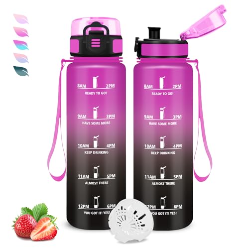 Botella Agua 1 Litro, Botella Agua Gimnasio con Filtro, Cantimplora Infantil Reutilizable, Marca de Tiempo, Cantimplora con Marca de Tiempo, para la Adulto, Oficina, Deportes, Oficina, Gym, Deportes