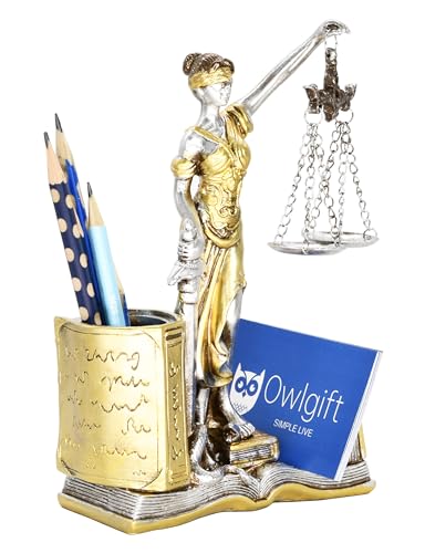 Owlgift Lady of Justice Pen Holder, Sliver Justitia Resin Pencil Cup Desk Organizer, Scales & Sword Legal Office Decor Gift for Lawyer Judge Prosecutor, 7.9" Tall (5.0" W x 2.2" D) - Image 7