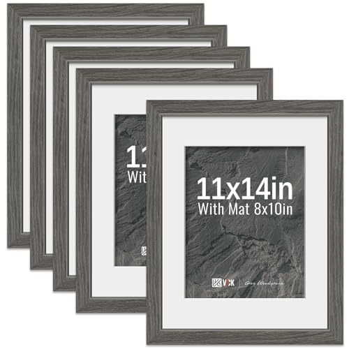 Image of VCK 11x14 Picture Frame 5 Pack, Grey Wood, 8x10 Mat, Glass, for Photo