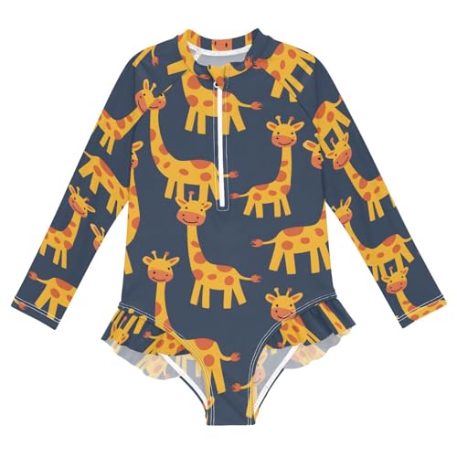 Cartoon Giraffe Girls Long Sleeve Swimsuit Rash Guard One Piece Bathing Suits Zipper 3-12T