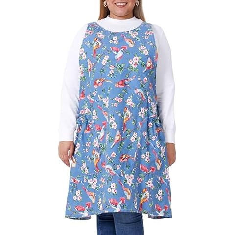 VIKIDEER Comfortable Huge Plus Size Aprons for Women Adjustable Cross Back Floral Cotton Linen Aprons Birds and Flowers Cover