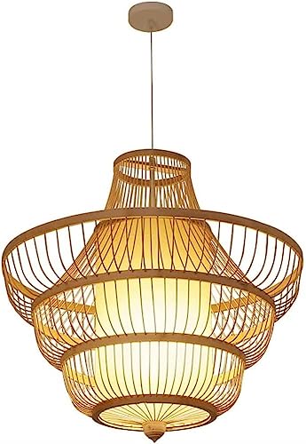 Lustre en bambou chinois suspension vintage 60cm pour éclairage îlot de cuisine et salle à manger