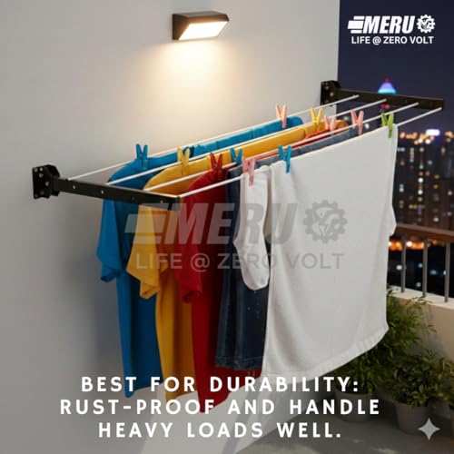 Image of Cloth Drying Foldable Wall Mount Stand with 50 Feet Rope and 5 Rows for Balconies, Terrace I Indoor & Outdoor Use I Space Saving I Metal Black I (Foldable Wall Mount Stand)