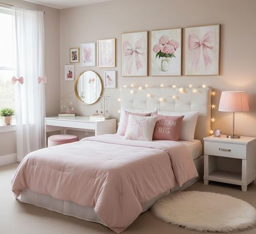 Image of 3Pcs Trendy Pink Bows Canvas Wall Art for College Apartment Bedroom Decor