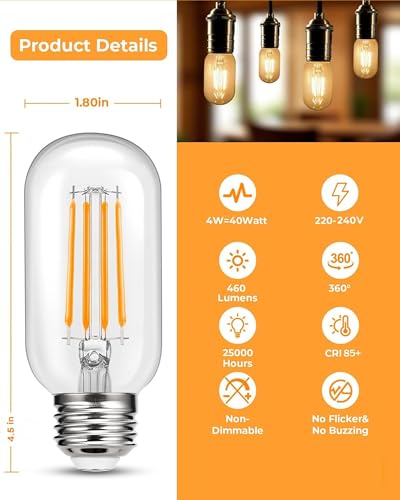 Image of Homesake T45 LED Filament Bulb 4W Warm White Vintage Tube Bulb for Home Decor, Pendant Lights, Wall Lamps & E27 Holder Fixtures | 360 Beam LED Light Bulb