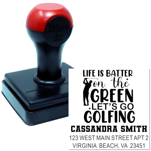 Image of Handheld Golf Champion Crest Duo Hand Return Address Stamp - Teacher Stamp | Home Mailing Stamp. Any standard pad works. Golf Address Stamp. Classic hand stamp. Nothing to dry out. Square imprint.