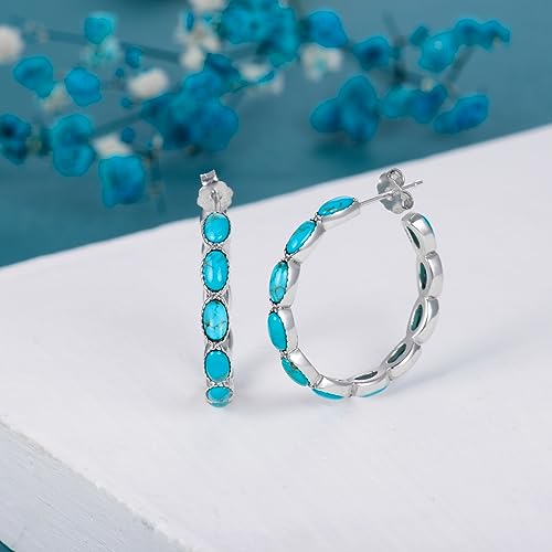 Turquoise Hoop Earrings 925 Sterling Silver Western Vintage Genuine Blue Turquoise Boho Ethnic Jewelry Gift for Women3