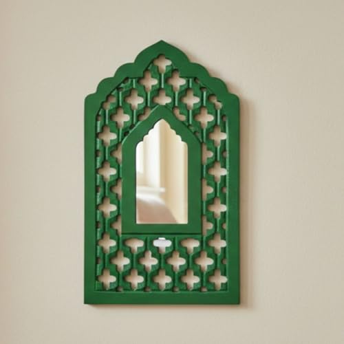 Image of Handcrafted Traditional Green Mughal MDF Wooden Mirror Jharokha Wall Art | Mughal-Inspired Boho Vintage Style Decorative Wall Hanging for Living Room & Home Interiors (Green Mughal)