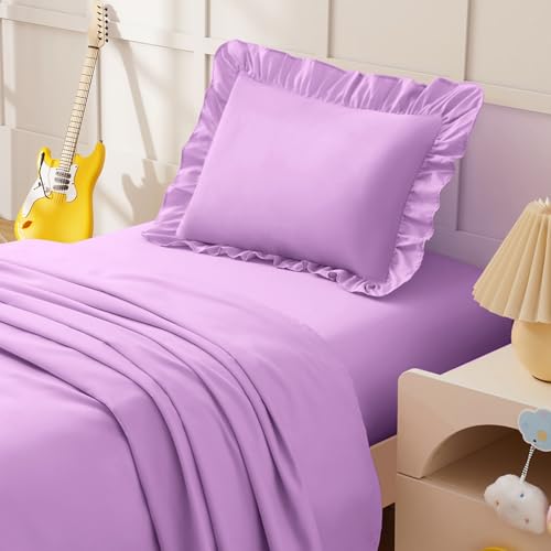 Image of KKJIAF 3 Piece Toddler Sheet Set Microfiber, Includes a Flat Sheet, a Fitted Sheet and a Ruffle Pillowcase, Light Purple