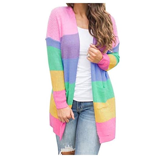 HZSONNE Women's Casual Rainbow Color Block Open Front Cardigan Lightweight Crochet Drape Knitted Sweater Blouse (Rainbow-3, Small)