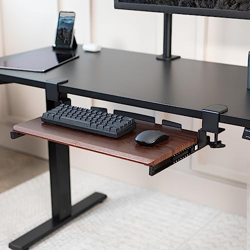 Image of VIVO Small Keyboard Tray, Under Desk Pull Out with Extra Sturdy C Clamp Mount System, 20 (26 Including Clamps) x 11 inch Slide-Out Platform Drawer, Dark Walnut Top, Black Frame, MOUNT-KB05ES-D | Keyboard Tray for Typing, Slide Out Platform, Extra Sturdy C-Clamp Mount System, Computer Drawer, Black Frame