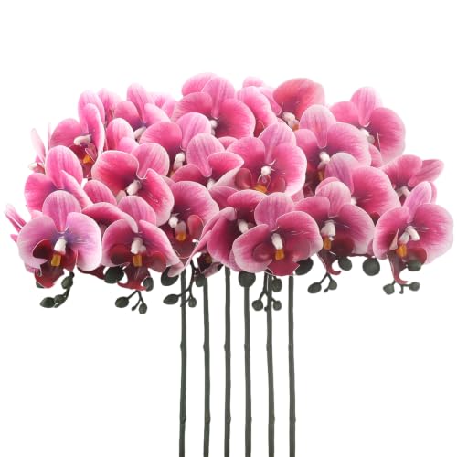 ginojex 6 flores artificiales de orquídea falaenopsis de tacto real para decoración del hogar, boda, fiesta, centro de mesa, decoración de jarrón (24 pulgadas, rosa rosa)