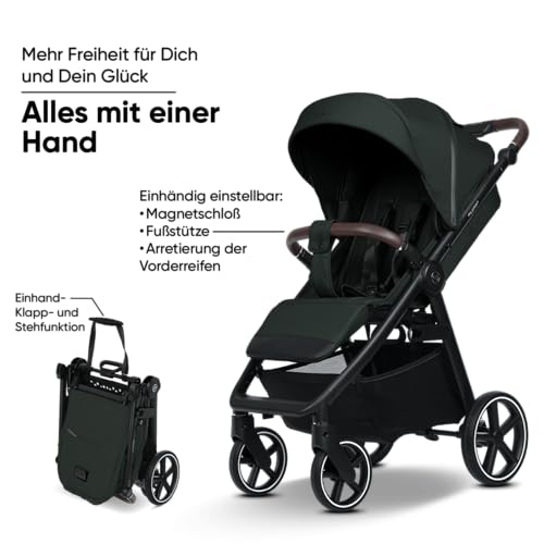 my junior® PLIA² | großer Komfortbuggy mit Luftkammerreifen, Einhand-Faltmechanismus, einstellbare Federung, XXL-Einkaufskorb & -Verdeck, Belüftung, inkl. Getränkehalter + Tragegurt (Pine Forest)