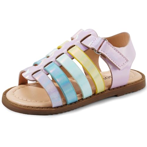 Image of Dodow Girls Sandals Open Toe Hook and Loop Flat Dress Sandals Summer Shoes for Toddler Little Kid