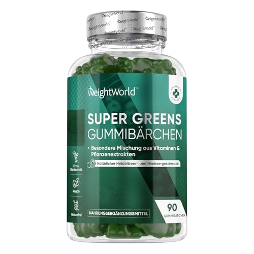 Super Greens Gummibärchen - 90 Vegane Gummibärchen - Mit Vitamin B Komplex & Zink - Natürlicher Heidelbeer- & Himbeergeschmack - Besondere Mischung aus Vitaminen und Pflanzenextrakten - WeightWorld