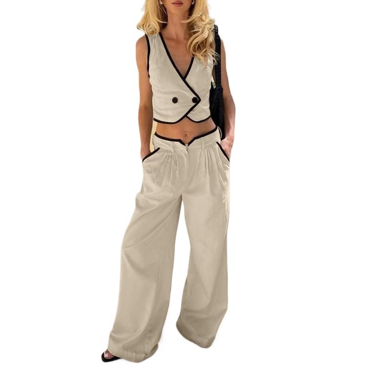 Women's sleeveless vest top, high waist wide leg pants set, cotton color blocked casual business office 2-piece set