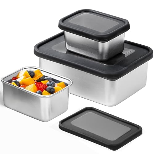 Greentainer Stainless Steel Snack Containers - Food Storage Container Set with Silicone Lid, Stackable Lunch Bento Boxs for Sandwiches/Fruits/Candies, BPA Free, Food Containers, 3Pack