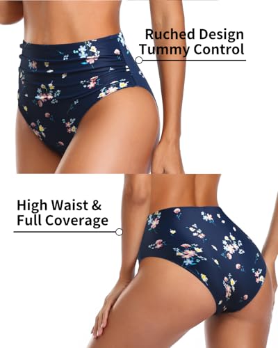 Tempt Me Navy Floral Two Piece Swimsuits - High Waisted Bikini Tummy Control Full Coverage Bathing Suits Ruched Tie Knot Swimwear XS
