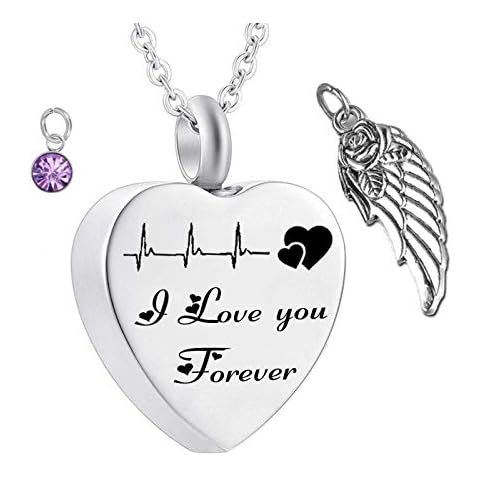 Hoisy Ashes Necklace Pet, Urns for Ashes Necklace Husband Heart Electrocardiogram I Love You Forever with Angel Wing Silver 50X2cm Cover