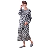 [ベルメゾン] マタニティパジャマ 授乳対応 2WAY 綿素材 長袖 前開き ワンピース ロンパース ルームウェア パジャマ 産前 産後 杢チャコール×オフホワイトボーダーマタニティL～LL