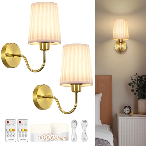 Image of Battery Operated Wall Sconce Set of Two, Wireless Wall Sconces with 10000mAh Dimming Magnetic Bulb, Rechargeable Wall Sconce with Pleated Fabric for Bedroom Living Room Gallery Hallway, Gold