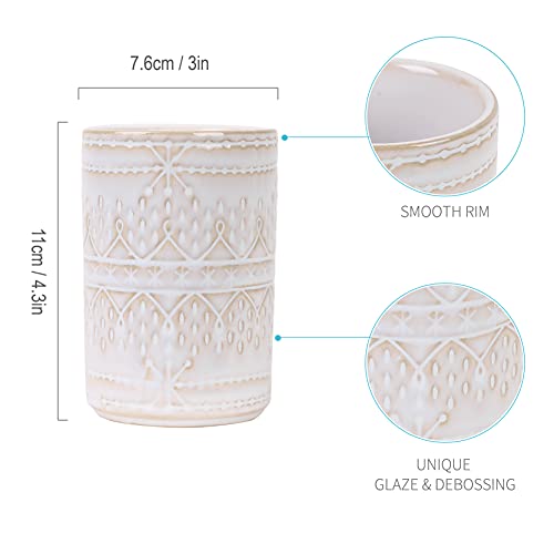Ceramic Toothbrush Holder, Bathroom Cup Countertop For Pens, Makeup Brushes Organizer Stand, Cream Vintage Emboss Tumbler Cup, Ideal For Home, Hotel #TOP1