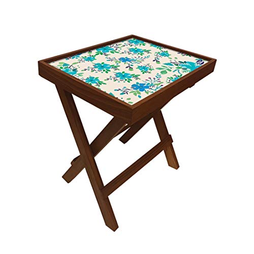 Image of Nutcase Designer Teak Wood Side Table Folding Wooden Bedside Coffee Outdoor Picnic Table - Turquoise Flowers