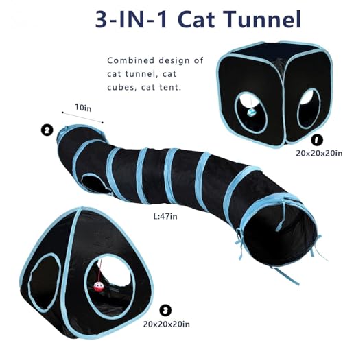 Image of GUSTYLE Cat Tunnel Toy Way, Collapsible Pet Play Tunnel Tube with Storage Bag for Cats, Puppy, Rabbits, Guinea Pig, Indoor and Outdoor Use (Blue 3 in 1)