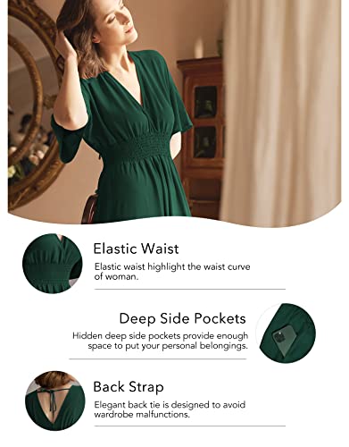 Image of Olaesa Boho Maxi Dress V Neck Short Sleeve Lace Smocked Waist Flowy Dress | Wedding Guest Dress with Pockets, Summer Bohemian Vacation Dress, Elegant Party Dress for Family photo& Baby Shower