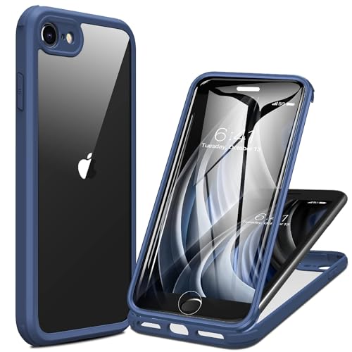 Image of Miracase for iPhone SE Phone Case 3rd /2nd Generation 2022 2020 Full-Body with Built-in Glass Screen Protector, Heavy Duty 360 Protective Shockproof Bumper Cover for iPhone 8 /SE, Blue