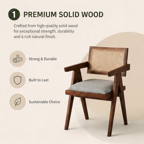 Image of WOODLAB Furniture Solid Sheesham Wood Arm Chair with Cushion and Cane Back Support | Wooden Upholstered Armchair for Living Room, Bedroom, Dining, Balcony, Study & Indoor Outdoor Use (Natural Finish)