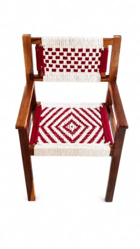 Image of Handcrafted Solid Sheesham Wood Accent Chair with Cotton Rope Weaving | Modern Wooden Arm Chair for Living Room, Bedroom & Balcony | Rustic Handmade Lounge Chair | Natural Finish (Red & White)