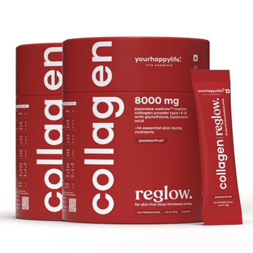 Image of YourHappyLife Reglow 8000mg Wellnex Marine Collagen Peptide Supplement Powder For Women & Men| Type 1 & 3 For Healthy Skin, Hair & Nails |Glutathione, NAC, Biotin, Hyaluronic Acid -500gm, Passionfruit