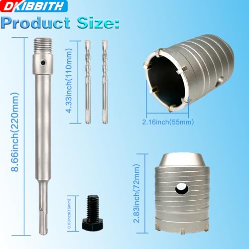 Image of 2-1 /8 inch Concrete Hole Saw, 55mm Tungsten Steel Core Bit for Cinder Block, Brick, Rock, Plank Walls for Pipes or mini Split Lines, with SDS Plus Shank and 2 Center Positioning Drill Bits.