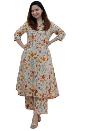 Image of DHRUVI TRENDZ Anarkali Kurta-Set for Women - Viscose Rayon Printed Kurta & Straight Pant | Festive Ethnic Indian Traditional Outfit for Functions & Puja | Lightweight Two Piece Dress for Daily Wear & Holiday Look | 3 /4 Sleeve