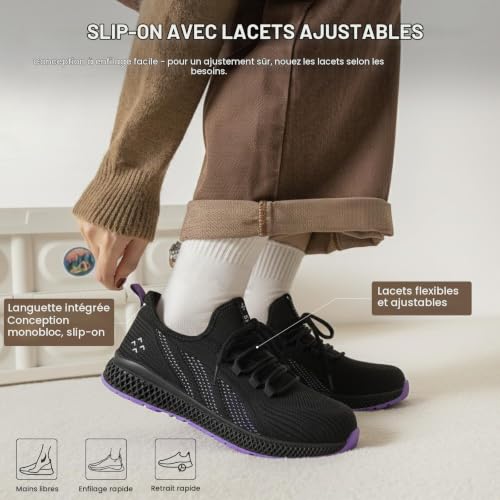 SPIEZ Chaussures de sécurité Femme, Chaussures de Travail légères avec Coque en Composite, Sneakers de sécurité sans Lacets antidérapantes, Noir-Violet, Taille EU 35-41 – vue 4