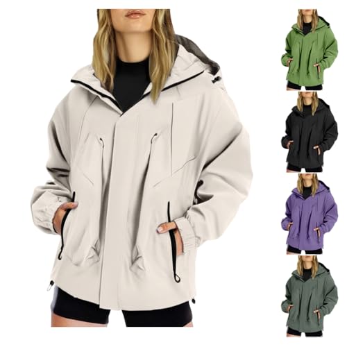 Lightweight Rain Jacket Women, Casual Outdoor Raincoats with Hooded, Breathable Zip Up Softshell Jackets with Pockets, for Spring Fall Winter