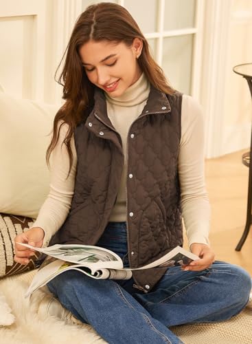EVALESS Fall Jackets For Women Trendy 2025 Winter Cropped Lightweight Quilted Puffer Vest Fashion Spring Sleeveless Stand Collar Zip Up Outerwear Coat,Dark Brown Medium - Thumbnail 3