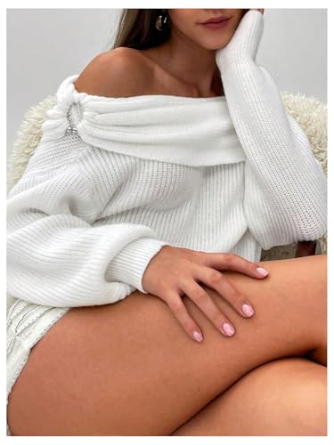 Image of GORGLITTER Women's Off The Shoulder Sweater Lantern Sleeve Ribbed Knit Trendy Pullover Tops White Small