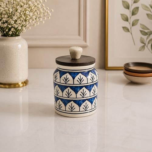 Image of Ceramic Kitchen Jars for Storage | Air Tight Containers with Wooden Lids | Masala, Salt, Pickle, Dry Fruits & Multi Utility Item Organiser Set (Hand-Painted, Blue Mughal, 450 ML, Pack of 1)