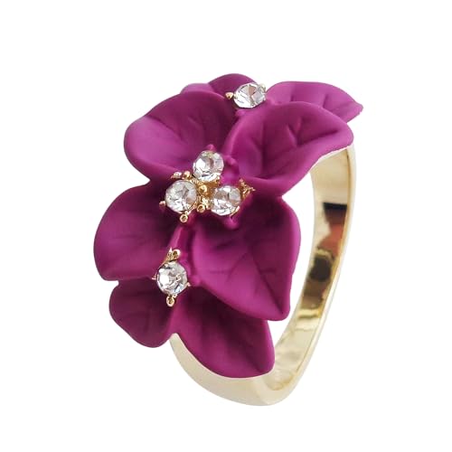Navachi 18k Gold Plated Clear Crystal Enamel Leaves Flower Ring