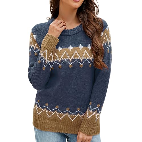 Fairisle - Suéter de punto para mujer, cuello redondo, para invierno, vintage, para salir, vacaciones, térmico, cálido, suéter de ganchillo, azul marino, XXL